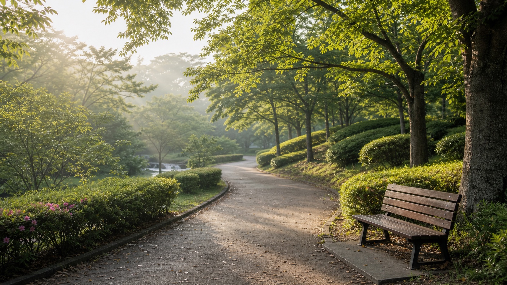 朝の公園に続く木々に囲まれた遊歩道とベンチ