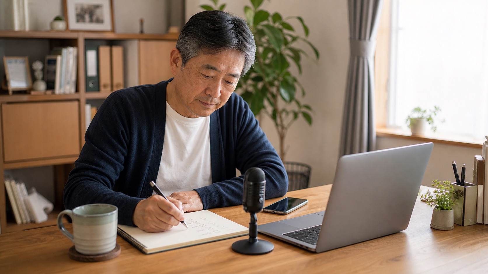 自宅の机でノートに音声入力ソフトの比較条件を書き出している60代前後の男性