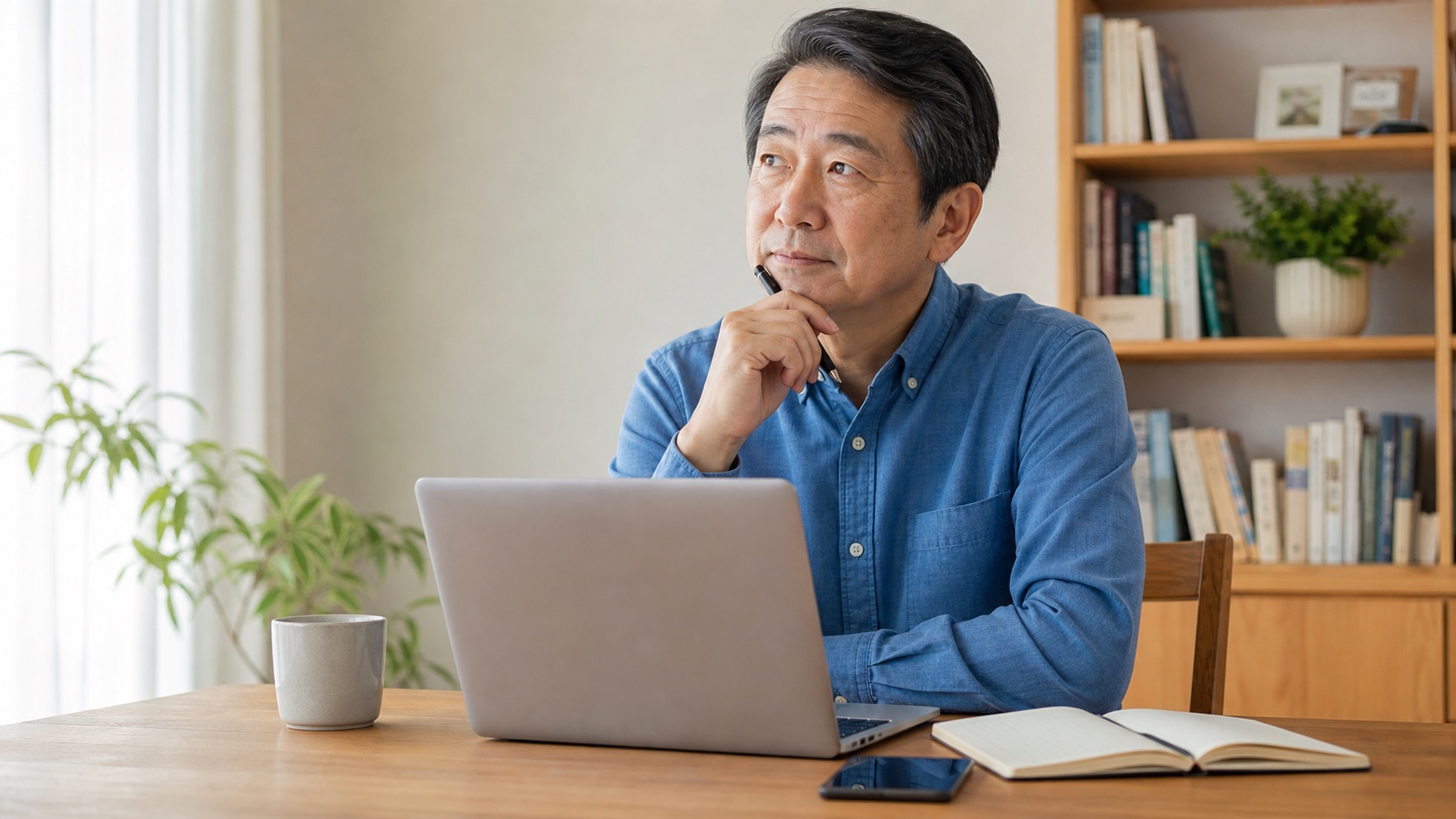 明るい部屋でパソコンの前に座り仕事の変化を考える50代男性