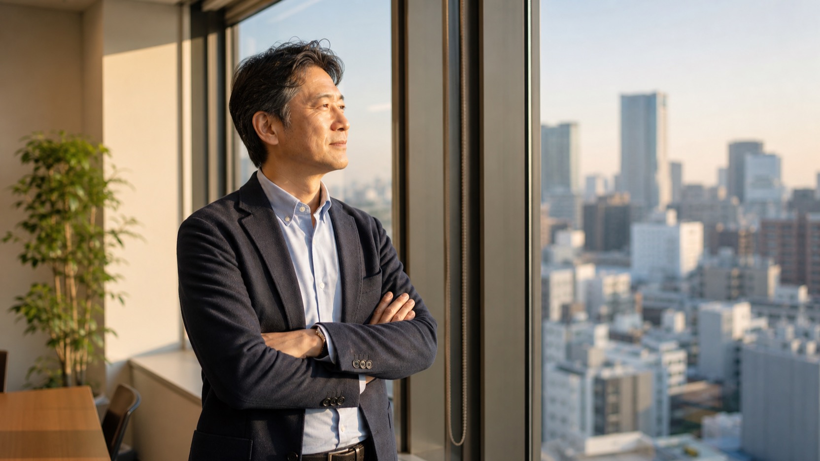 夕方のオフィスで窓の外を見ながら考える50代の男性