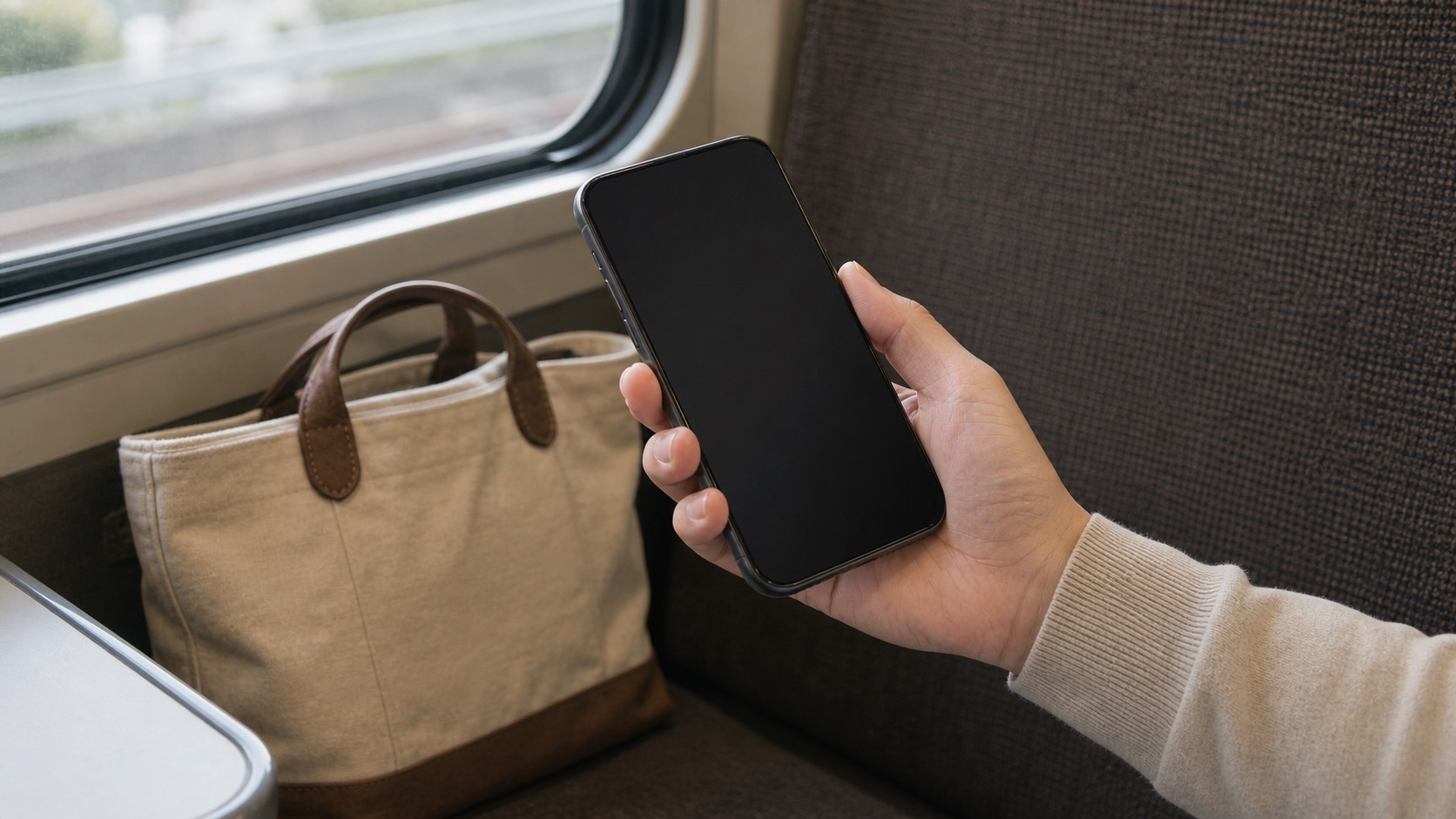 電車の窓際でスマホを持つ手元と小さなバッグ