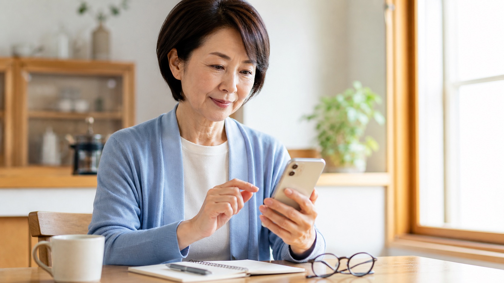 明るい部屋でスマホを操作する50代女性