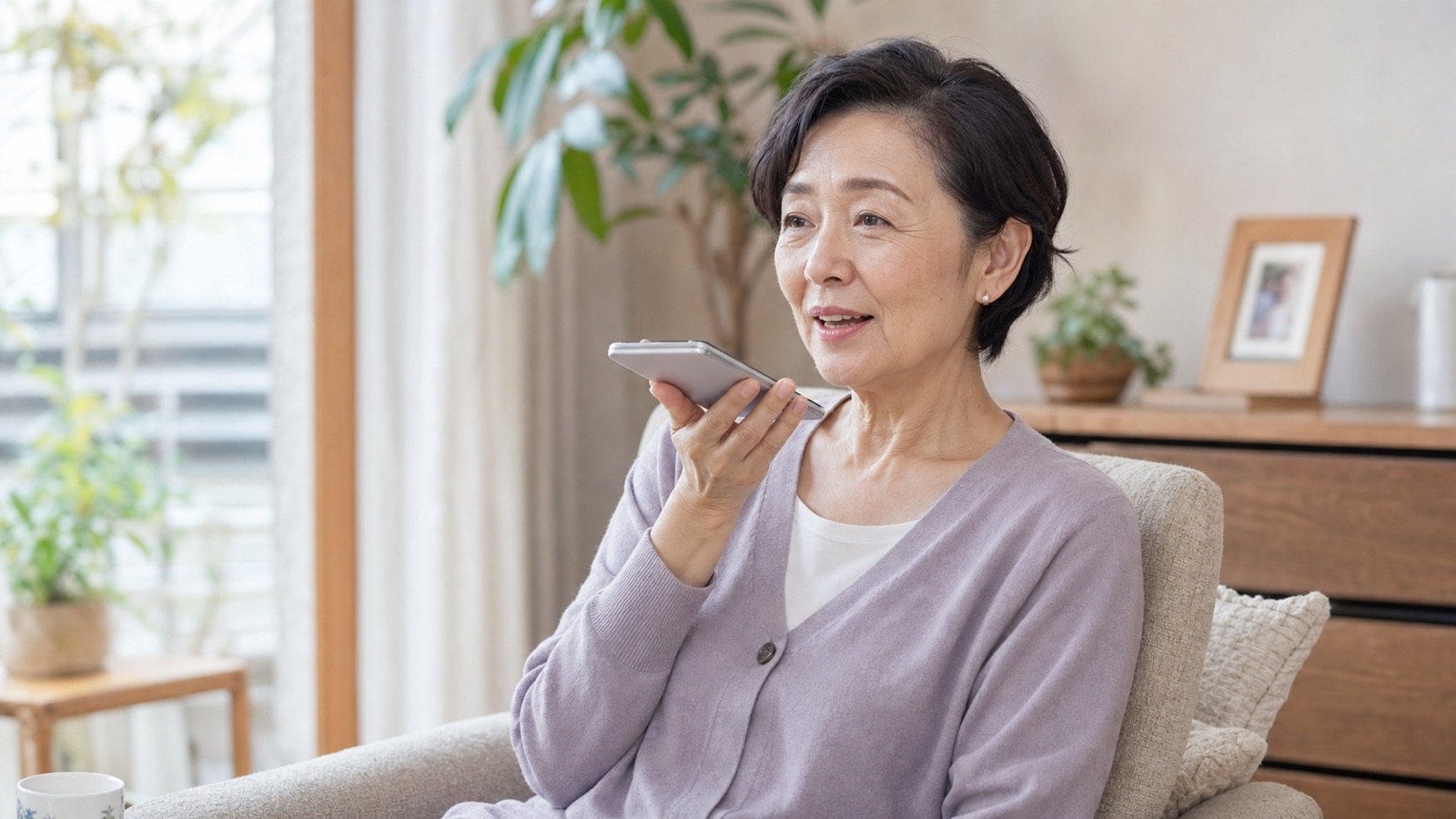 リビングのアームチェアでスマホに向かって話しかける60代の女性