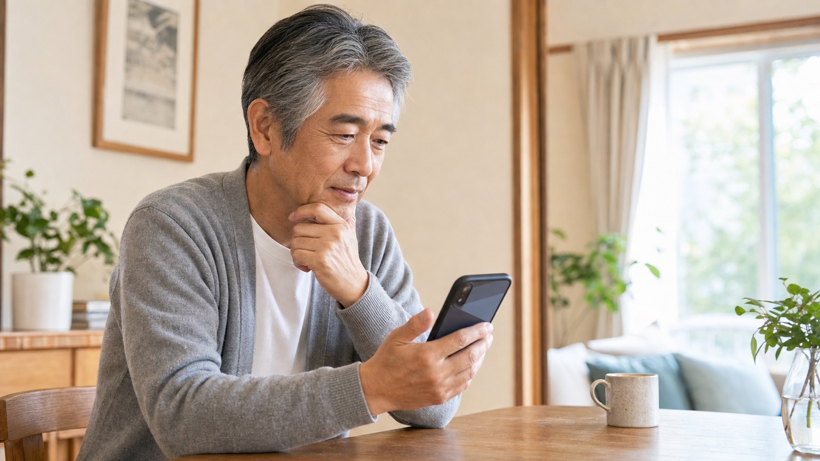ダイニングでスマホを手に、話す前に少し考えている60代の男性