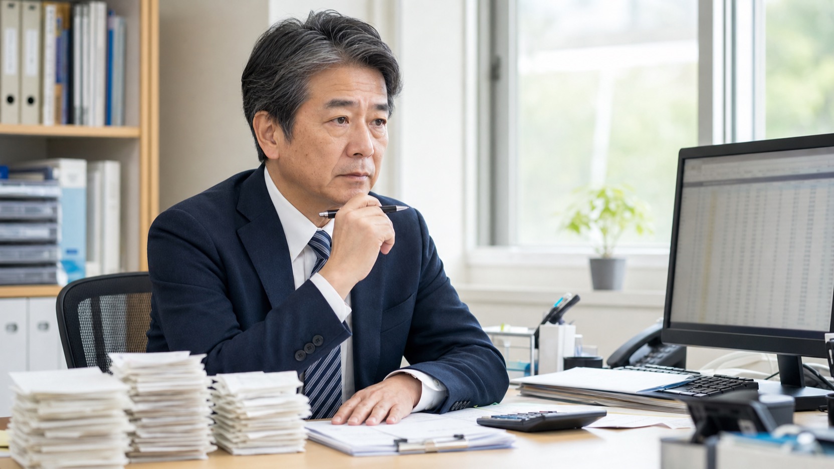 会計事務所のデスクで書類を前に考え込む50代の税理士