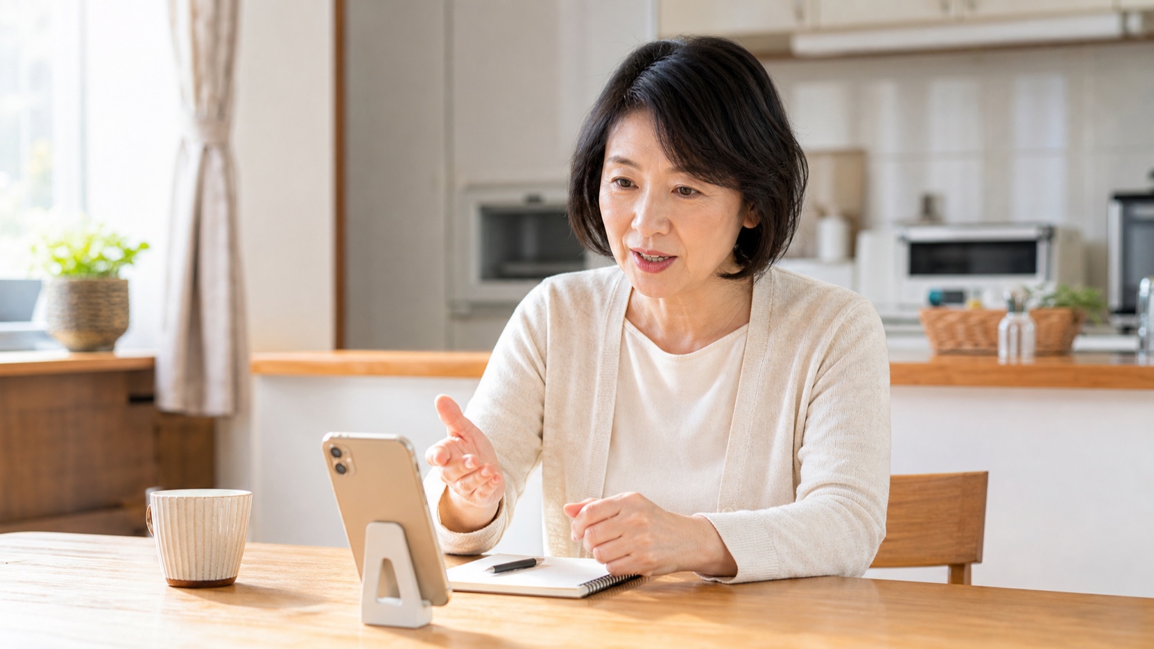 ダイニングテーブルでスマホに向かって落ち着いて話しかける50代後半の女性