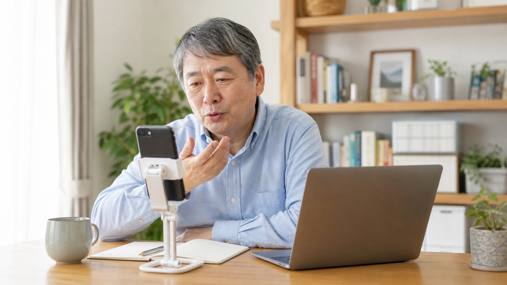 自宅の机でスマホに向かって音声入力を試す60代前後の男性