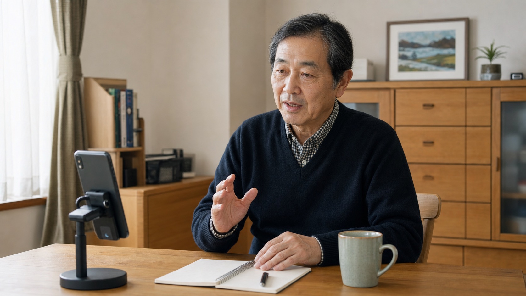 自宅の机でスマホに向かって音声入力を試す60代前後の男性