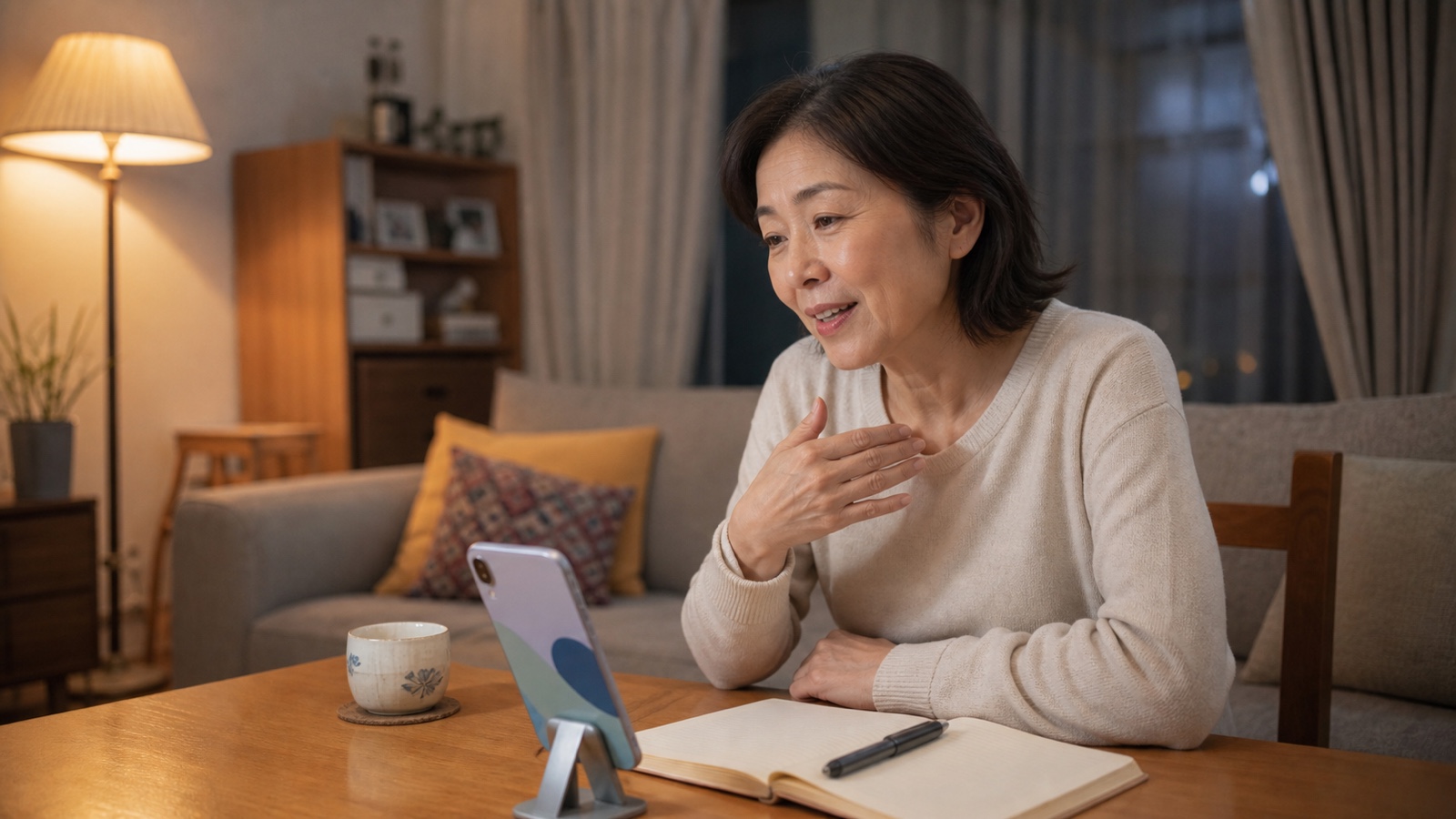夜のリビングでお茶を脇に、スマホに向かって一日を振り返る60代の女性